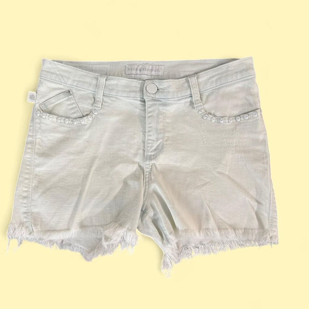 Rock & Republic cotton White Skulls Goth White denim distressed JORTS gothic